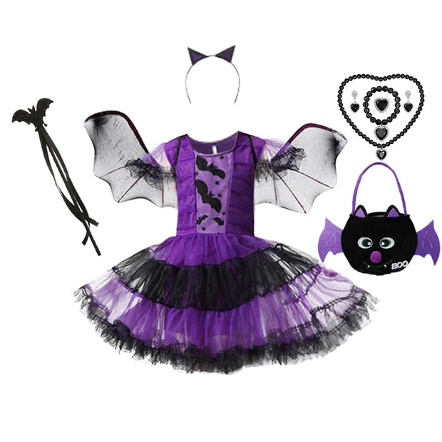 Girls Purple Bat Dress Kids Fancy Cosplay Vampire Demon Costume With Wing Headwear Halloween Carnivat Witch Role Play Clothes