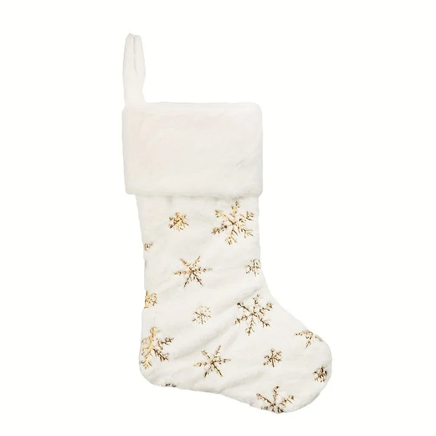 Christmas Stocking, 16 Inch Plush Faux Fur Sock with Snowflake Sequins, Holiday Tree Wall Fireplace Home Decor