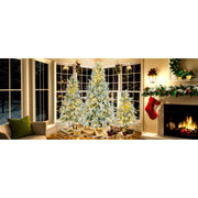 6FT Pre-Lit Spruce Snow Flocked Christmas Tree, Artificial Hinged Xmas Tree with 300 Multi-Color LED Lights, 8 Flashing Modes &7