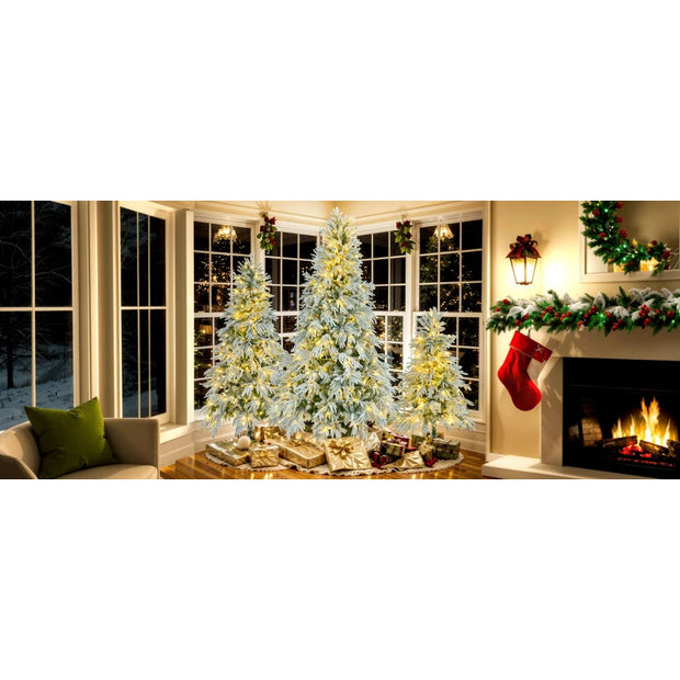 6FT Pre-Lit Spruce Snow Flocked Christmas Tree, Artificial Hinged Xmas Tree with 300 Multi-Color LED Lights, 8 Flashing Modes &7