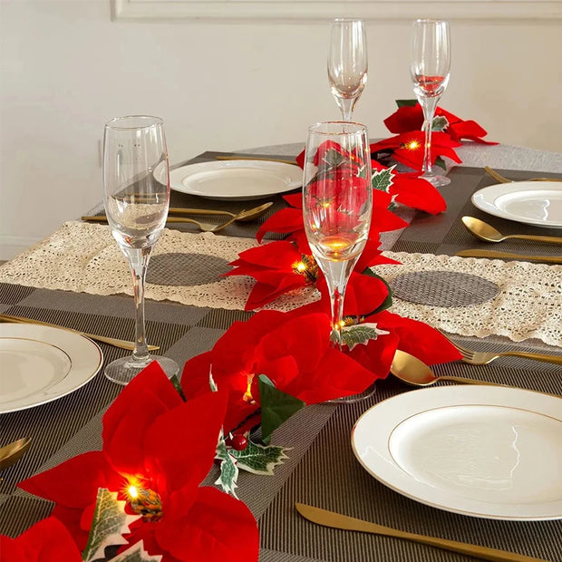 Artificial Poinsettia Garland Christmas Ornaments Flower String Light Holly Berry Green Leaf Vine for Xmas Tree Table Decoration