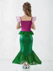 Mermaid Princess Dress with Fish Scale Print, Featuring Flutter Sleeves And a Strap Design, Perfect for Princess Parties And As a Gift for Festivals.