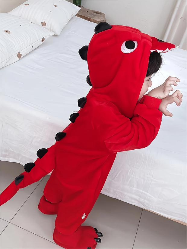 1pc Boys Cozy Dinosaur Hooded Jumpsuit for Halloween Parties, Boys Clothes, family Valentine's Day themed