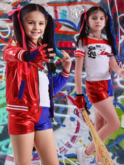 11pcs Halloween Youngsters Cosplay Costume Set with Zip Up Youngsters Top Red And Blue, Movie Cosplay Costume Jacket, Mardi Gras Halloween Party Fancy Suit