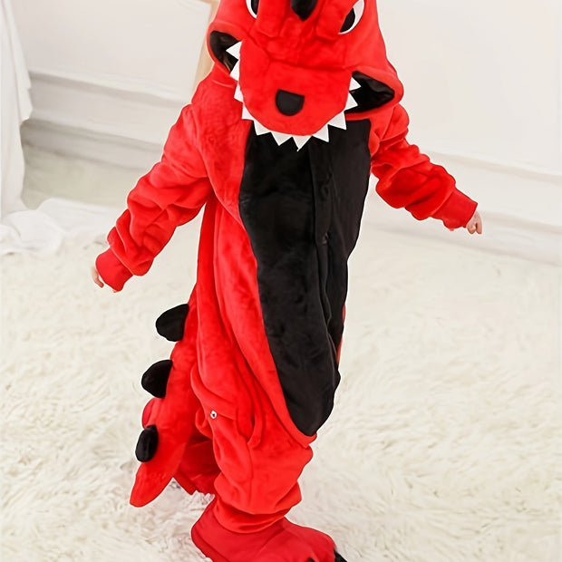 1pc Boys Cozy Dinosaur Hooded Jumpsuit for Halloween Parties, Boys Clothes, family Valentine's Day themed