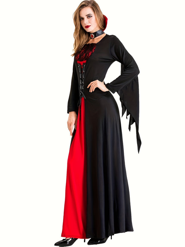 False Lace Dress with Laces for Halloween, Long Sleeve Dress for Vampire Cosplay, Women's Clothing, Carnival