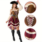 Women'S Pirate Costume Dress with Matching Hat - Elegant Burgundy & Golden Pirate Outfit, Flared Skirt for Halloween, Themed Parties, Cosplay - Pirate Party Attire for Adults, Pirate Costume Accessories, Themed Event Attire,