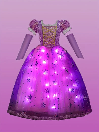 Girls' LED Princess Dress with Glow-in-the-Dark Lights - Magical Purple & Pink Party Ball Gown with Ruffled Sleeves & Layered Skirt for Birthday, Halloween, Christmas Costumes - All-Season Wear, Easy-to-Wear LED Dress for Gir