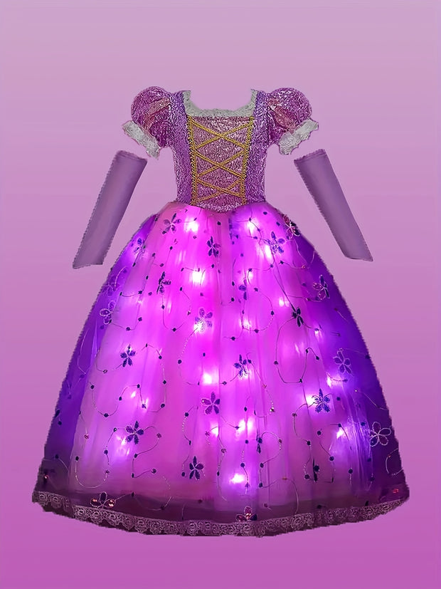Girls' LED Princess Dress with Glow-in-the-Dark Lights - Magical Purple & Pink Party Ball Gown with Ruffled Sleeves & Layered Skirt for Birthday, Halloween, Christmas Costumes - All-Season Wear, Easy-to-Wear LED Dress for Gir