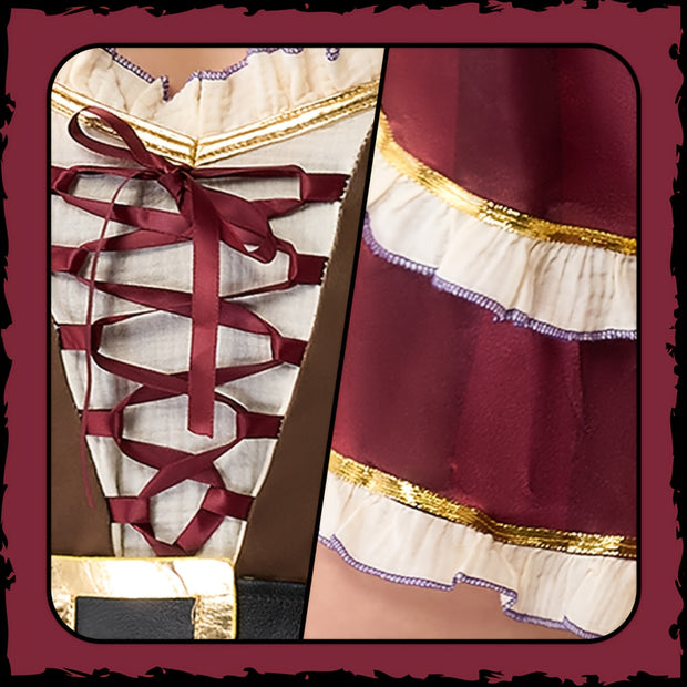 Women'S Pirate Costume Dress with Matching Hat - Elegant Burgundy & Golden Pirate Outfit, Flared Skirt for Halloween, Themed Parties, Cosplay - Pirate Party Attire for Adults, Pirate Costume Accessories, Themed Event Attire,