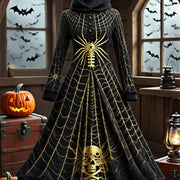 Plus Size - Plus Size - Plus Size, Women'S Gothic Victorian-Inspired Long Hooded Dress with Full-Body Floral Print & Bat Wing Sleeves - Elegant Fitted Winter Dress for Halloween Party, Themed Events, Fall/Winter Season - Intr