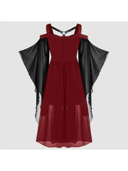 Plus Size, Women's Plus Size Gothic Halloween Witch Dress with Strapless Tie-Waist, Bell Sleeves & Irregular Patchwork - Long A-Line Skirt, Lace-like Hem, Machine Washable Elegant Party & Everyday Maxi Dress