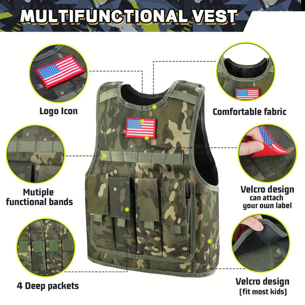 GINMIC Tactical Army Costume for Boys & Girls - Realistic Camouflage Vest with MOLLE Webbing, Pistol & Med Kit, Halloween & Christmas Outfit, Durable Polyester, Boy Costume, Best for Christmas
