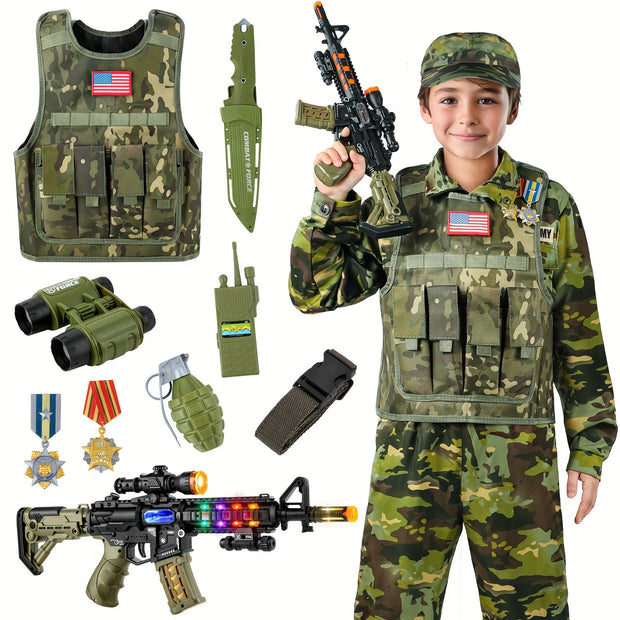 GINMIC Tactical Army Costume for Boys & Girls - Realistic Camouflage Vest with MOLLE Webbing, Pistol & Med Kit, Halloween & Christmas Outfit, Durable Polyester, Boy Costume, Best for Christmas