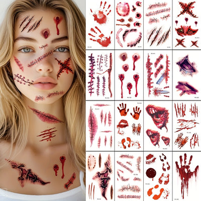 16 Sheets Realistic 3D Temporary Tattoos - Bloody Wound, Zombie, Horror Fake Tattoos with Easy Application & Removal - Long-Lasting Body, Face, Neck, Wrist, Ankle, Leg, Arm, Hand, Foot, Mouth - for Halloween, Cosplay, Horror