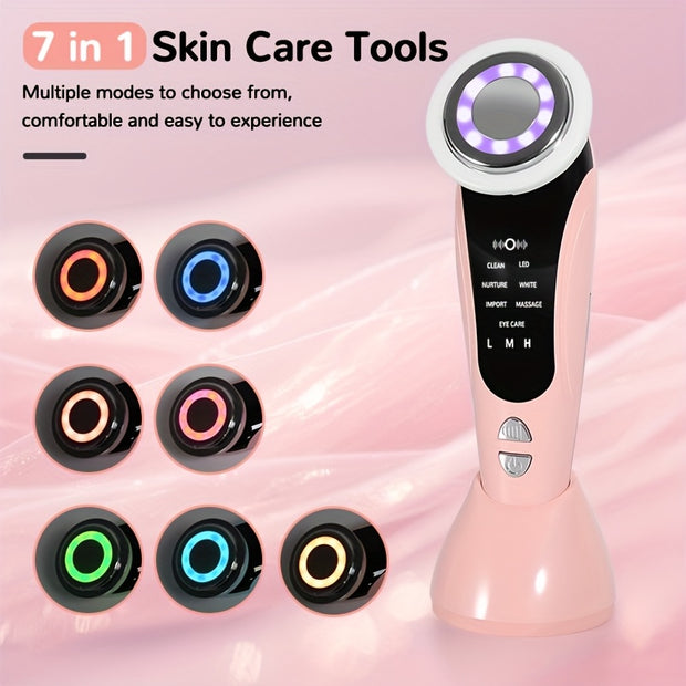 7-in-1 Facial and Neck Massager with USB-Powered, LCD Modes (Cleanse/Care/Massage), Portable Light Beige Care Device for, Collagen Boost, Pore Tightening - Home & Travel Beauty Tool, Ideal Gift for Women & Girls, Facial Massa