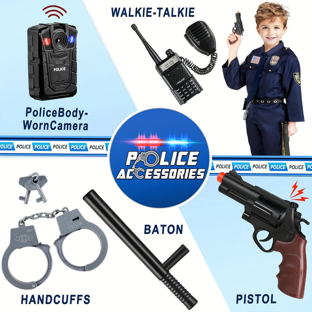 12pcs Deluxe Police Costume For Kids With Accessories, Police Officer Costume For Kids - Kids Halloween Costumes For Boys Girls, Cop Costume Role Play Kit For Halloween Career Day