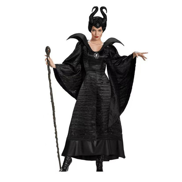 2025 Disney Maleficent Dark Lord Queen Costume for Adults - Officially Inspired Halloween Costume with Staff Accessory, Elegant Black & White Gothic Outfit with Intricate Details, Comfortable Performance Costume for Cosplay,