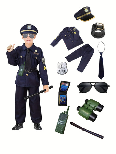 Kids Police Uniform with Accessories - Realistic Role-Play Kit for Boys & Girls, Includes Uniform, Badge, Walkie-Talkie & More for Halloween Dress-Up & Pretend Play, Durable Play Outfit
