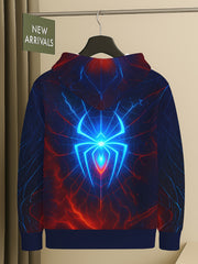 Boys Glow-in-the-Dark Spider Hoodie - Glow-in-the-Dark Spider Graphic, Neon Blue & Red Web Print Pullover Sweatshirt for Kids Ages 5-14, Hooded Superhero for Halloween, Birthday Parties & Everyday Play - Machine Washable Fall