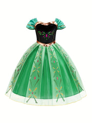 Girls' Bubble Sleeve Mesh Patchwork Print Dress, Long Princess Gown for Birthday Party, Christmas, Halloween Carnival, and Costume Ball
