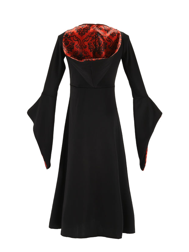 A Long Hooded Print Dress for Girls Featuring Exquisite Digital Prints of a Vampire Costume, Perfect for Halloween Parties And Various Festive Celebrations.