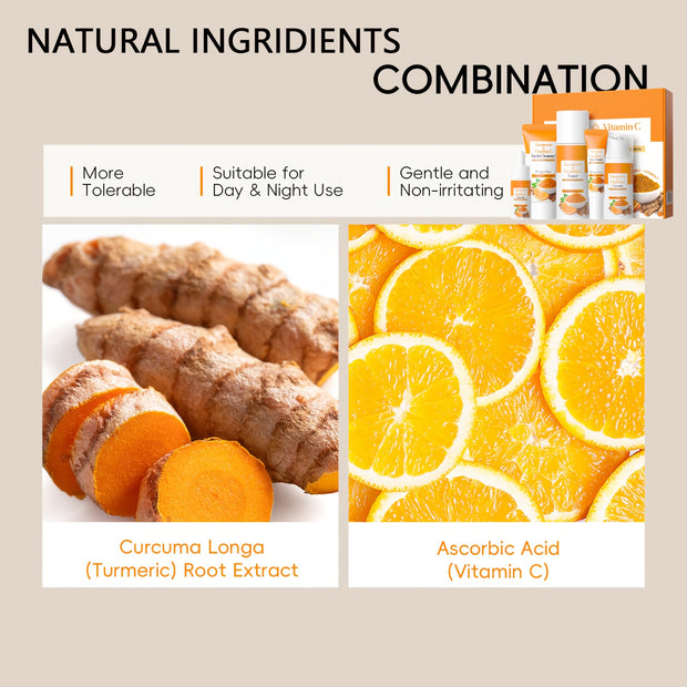 Natural Turmeric & Vitamin C 5pcs Skincare Set, Sensitive Light Beige Friendly, with Cleanser, Toner, Eye Cream, Serum, Moisurizer, Perfect Gift for Women, Affordable Beauty Gift Set, Best for Christmas, Perfect for Thanksgiv