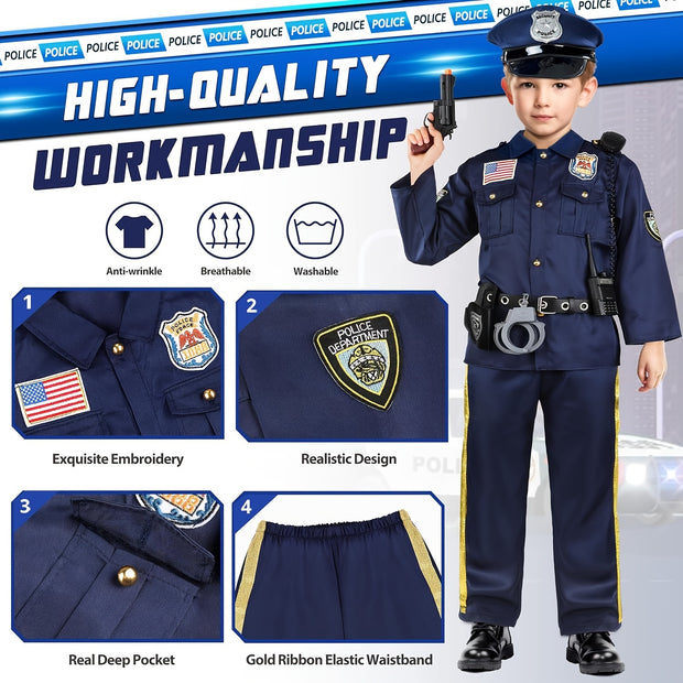 12pcs Deluxe Police Costume For Kids With Accessories, Police Officer Costume For Kids - Kids Halloween Costumes For Boys Girls, Cop Costume Role Play Kit For Halloween Career Day