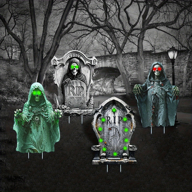 4PC Halloween Ground Plug Spooky Tombstone Eyes Glow Outdoor Patio Sign Lawn Yard Road Sign LED Holiday Party Decoration Display Sign Create A Scary Ambience Festive Scent Decorations