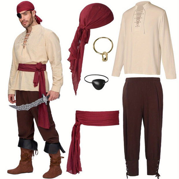 JOYFY Men Pirate Costume, Adult Halloween Costume Renaissance Medieval Viking Pirate Costume for Cosplay