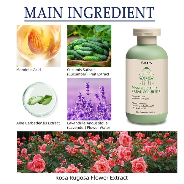Cleansing Gel - 6.76oz, with Mandelic Acid - Aloe & Rose Extract, Face And Body Scrub Gel, Keeps Facial Light Beige Clean And Moisturized