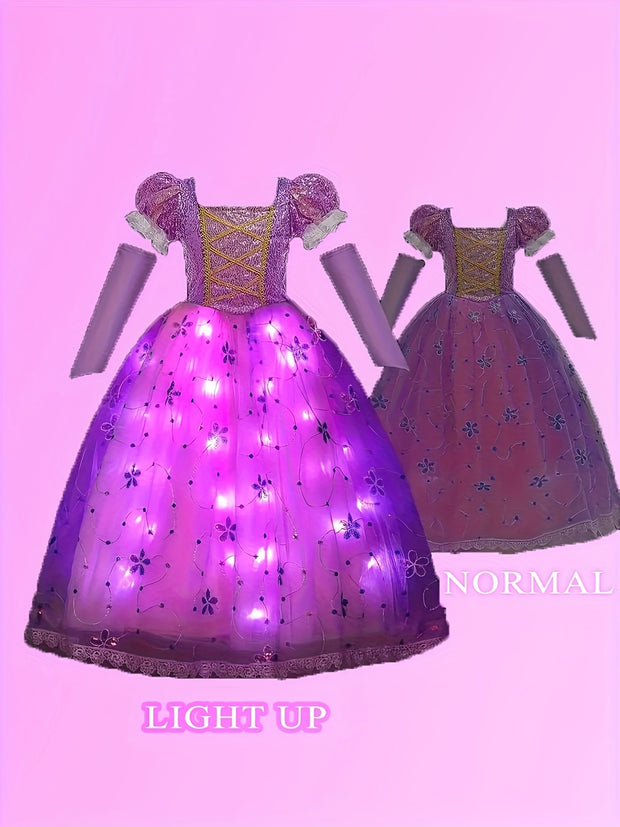 Girls' LED Princess Dress with Glow-in-the-Dark Lights - Magical Purple & Pink Party Ball Gown with Ruffled Sleeves & Layered Skirt for Birthday, Halloween, Christmas Costumes - All-Season Wear, Easy-to-Wear LED Dress for Gir