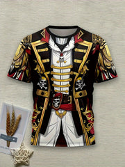 Men'S Pirate Costume Jacket T-Shirt - Plus Size Available - Black & Golden Pirate Skull Graphic, Breathable Quick-Dry Fabric for Halloween, Cosplay, Themed Parties - Lightweight Summer Shirt for Adults, Pirate Costume, Casual