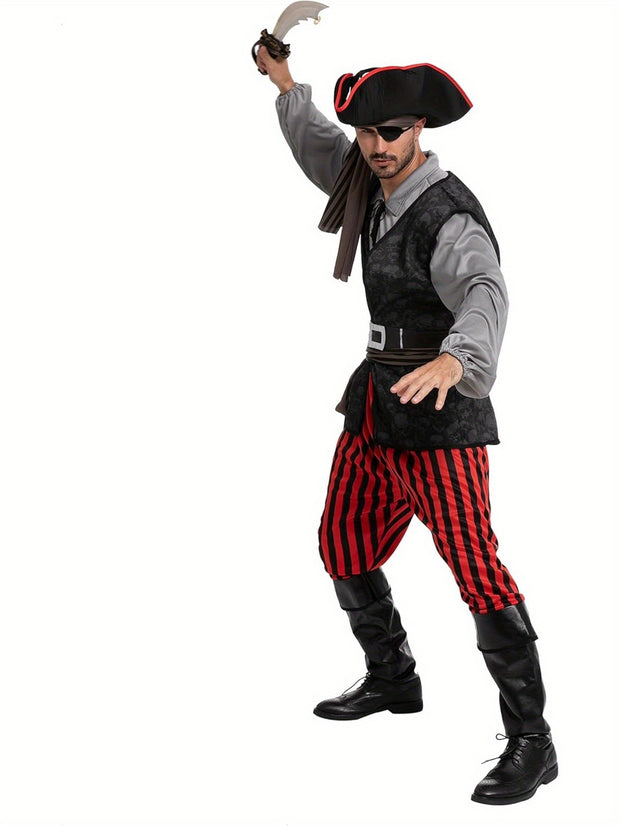 JOYFY Men Pirate Costume, Adult Pirate Shirt Vest Viking Pants Hat Set for Halloween Themed Parties
