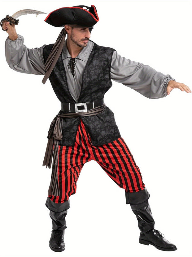 JOYFY Men Pirate Costume, Adult Pirate Shirt Vest Viking Pants Hat Set for Halloween Themed Parties