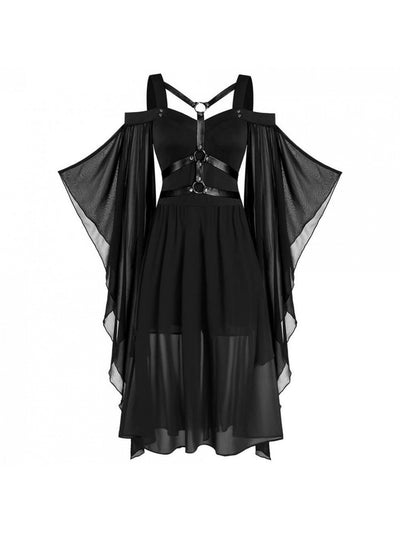 Plus Size, Women's Plus Size Gothic Halloween Witch Dress with Strapless Tie-Waist, Bell Sleeves & Irregular Patchwork - Long A-Line Skirt, Lace-like Hem, Machine Washable Elegant Party & Everyday Maxi Dress