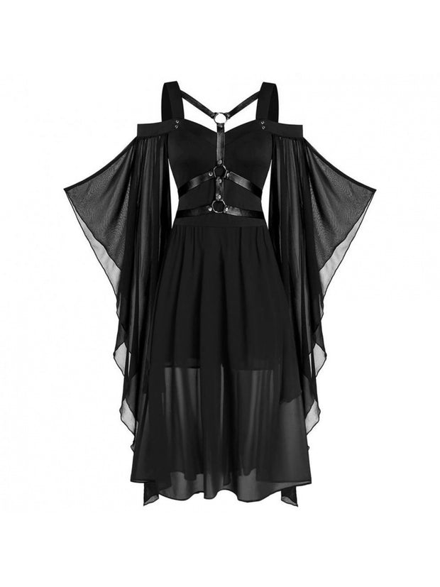 Plus Size, Women's Plus Size Gothic Halloween Witch Dress with Strapless Tie-Waist, Bell Sleeves & Irregular Patchwork - Long A-Line Skirt, Lace-like Hem, Machine Washable Elegant Party & Everyday Maxi Dress