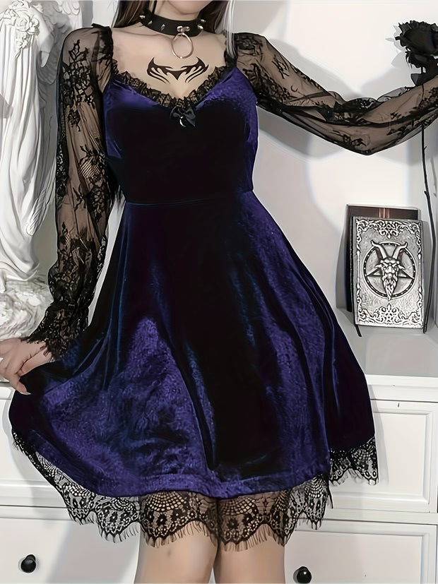 Plus Size, Dark European Hip-Hop Style Contrast Lace Fashion Bustier Flare Sleeve Plus Size Dress