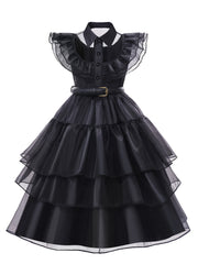 Girls' V-Neck Ruffle Button Solid Color High Neck Black Dress Long Skirt Cosplay Princess Birthday Party Christmas Halloween Dance Party Dress with Wig, Stockings, Necklace Set and Gloves 5pcs Set