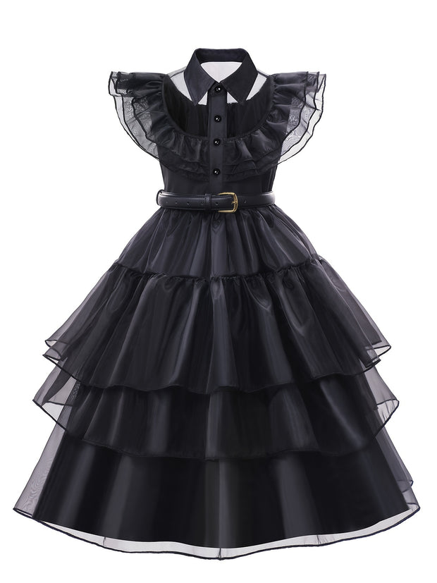 Girls' V-Neck Ruffle Button Solid Color High Neck Black Dress Long Skirt Cosplay Princess Birthday Party Christmas Halloween Dance Party Dress with Wig, Stockings, Necklace Set and Gloves 5pcs Set