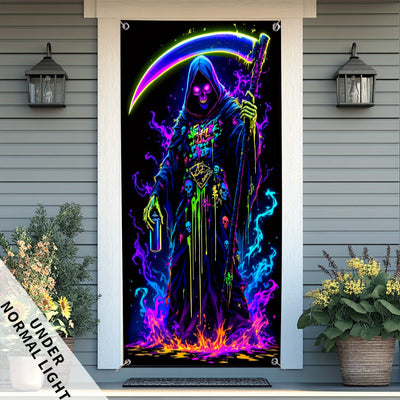 2D Door Banner, 1pc Grim Reaper Glow-in-the-Dark UV Light Door Curtain - Street Style Dark Graffiti Fluorescent Banner, No Power Needed Polyester Decor for Living Room, Parties, Photography Studio, Indoor & Outdoor Festive Ev