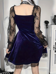 Halloween Waist-Cinching Dress, Gothic Dark Style Contrast Lace Long-Sleeve A-Line Party Performance Costume