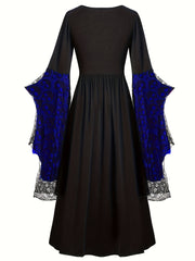 Plus Size, Women's Gothic Plus Size Elegant Witch Dress with Skull & Bat Lace Sleeves, A-Line Floor-Length Formal Halloween Costume, Machine Washable All-Season Party Dress with Belted Waist & Ruffled Hem - Victorian-Style St
