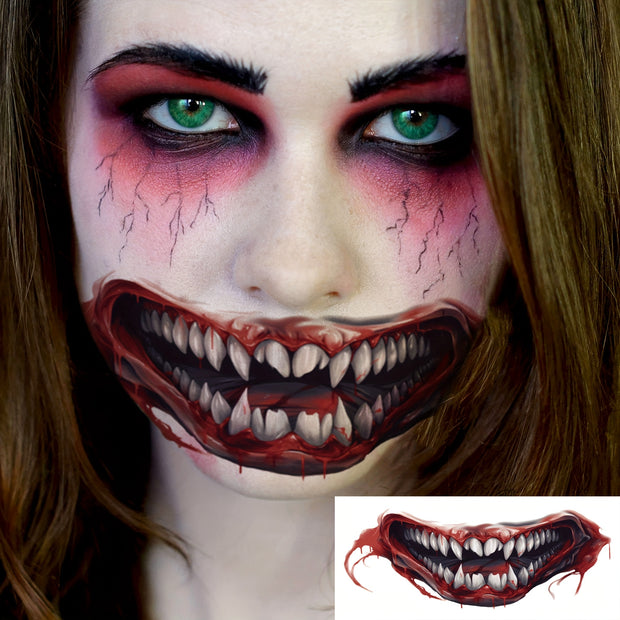 6pcs Horror Clown Fang Temporary Tattoos for Men and Women, Adult Halloween Costume, Terrifying Bloody Monster Big Mouth Sharp Teeth Facial Fake Tattoo Stickers Long-Lasting Waterproof Vampire Zombie Makeup Tattoo Face Decals