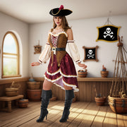 Women'S Pirate Costume Dress with Matching Hat - Elegant Burgundy & Golden Pirate Outfit, Flared Skirt for Halloween, Themed Parties, Cosplay - Pirate Party Attire for Adults, Pirate Costume Accessories, Themed Event Attire,