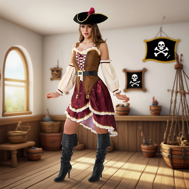 Women'S Pirate Costume Dress with Matching Hat - Elegant Burgundy & Golden Pirate Outfit, Flared Skirt for Halloween, Themed Parties, Cosplay - Pirate Party Attire for Adults, Pirate Costume Accessories, Themed Event Attire,