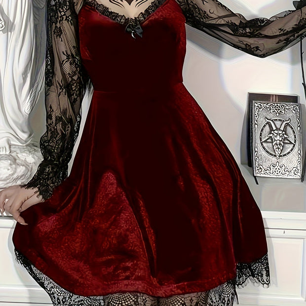 Plus Size, Dark European Hip-Hop Style Contrast Lace Fashion Bustier Flare Sleeve Plus Size Dress