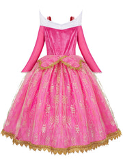 Elegant Pink Princess Dress for Girls - Long Sleeve, Lace Detail, Tulle Skirt with Golden Embroidery - Perfect for Spring, Fall, Halloween, and Christmas Parties, Halloween Costume | Elegant Lace Dress | Detailed Embroidery,