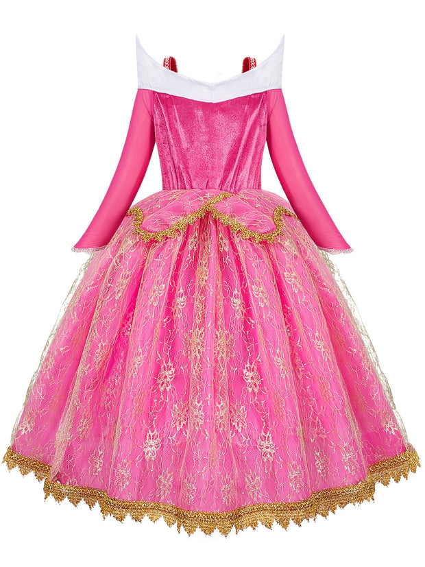 Elegant Pink Princess Dress for Girls - Long Sleeve, Lace Detail, Tulle Skirt with Golden Embroidery - Perfect for Spring, Fall, Halloween, and Christmas Parties, Halloween Costume | Elegant Lace Dress | Detailed Embroidery,