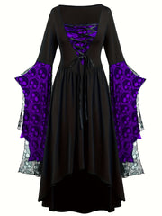 Plus Size, Women's Gothic Plus Size Elegant Witch Dress with Skull & Bat Lace Sleeves, A-Line Floor-Length Formal Halloween Costume, Machine Washable All-Season Party Dress with Belted Waist & Ruffled Hem - Victorian-Style St